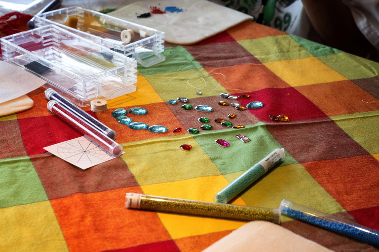 Beading materials on a table. 