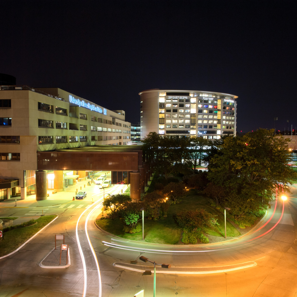 overhead shot of UIowa hospitals at night