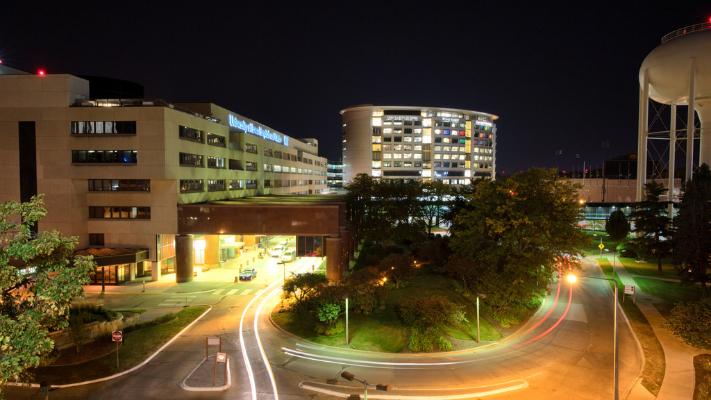 overhead shot of UIowa hospitals at night